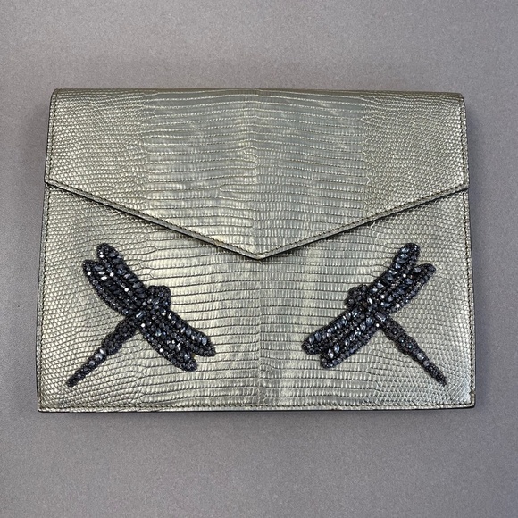 Gucci Gold Laminated Lizard Clutch w/ Crystal Dragonfly Embellishments-Preloved - Picture 1 of 14